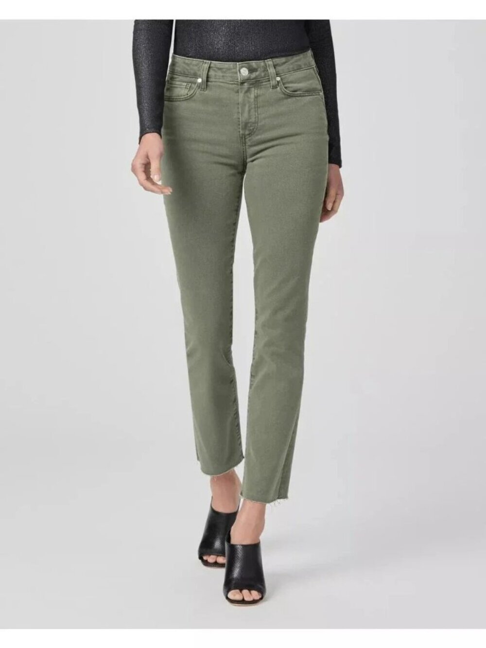 NWOT Paige Cindy Straight Crop Mid Rise Raw Hem Jeans In Brushed Olive Green 27